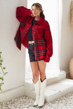Load image into Gallery viewer, FRAYED CORDUROY/PLAID COLORBLOCK COLLARED JACKET: Red
