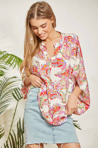 Floral Print Poncho-Like Tunic Top: Multi-Colored-SALE