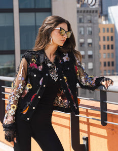 Black Denim Lace Jacket with Floral Embroidery: Black