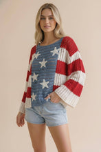 Load image into Gallery viewer, Haptics - Plus Long Sleeve Star and Stripe Crochet Sweater: Red/White/Blue / 2X
