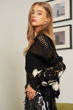 Load image into Gallery viewer, CROCHET V NECK LONG SLEEVE KNIT SWEATER TOP-Black-SALE
