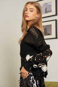 CROCHET V NECK LONG SLEEVE KNIT SWEATER TOP-Black-SALE