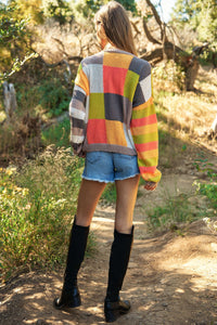 PLUS LIGHT WEIGHT CHECKERBOARD PULLOVER SWEATER: NEON MULTI