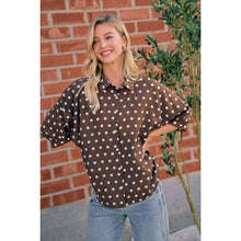 Load image into Gallery viewer, POLKA DOT PRINTED WOVEN DOLMAN BLOUSE TOP: DK MOCHA/IVORY / S
