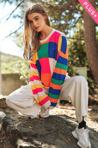 PLUS LIGHT WEIGHT CHECKERBOARD PULLOVER SWEATER: NEON MULTI