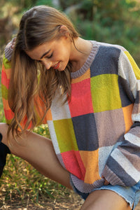 LIGHT WEIGHT CHECKERBOARD PULLOVER SWEATER TOP-neon multi