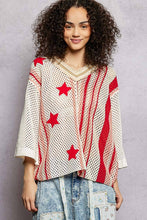 Load image into Gallery viewer, V-Neck Half Sleeve Stripe Sweater Top Star Patch Band Trim
