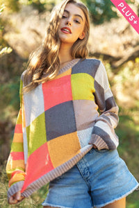 PLUS LIGHT WEIGHT CHECKERBOARD PULLOVER SWEATER: NEON MULTI