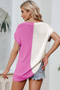 V Neck Loose Short Sleeve Sweater: CORAL