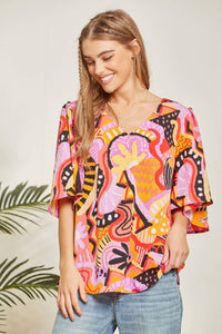 Print Flare Sleeve Blouse: Magenta Multi-SALE