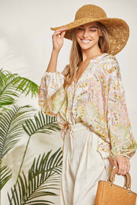 Print Button Up Blouse With Long Puffy Sleeves: Sage Blush-SALE