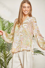 Load image into Gallery viewer, Print Button Up Blouse With Long Puffy Sleeves: Sage Blush-SALE
