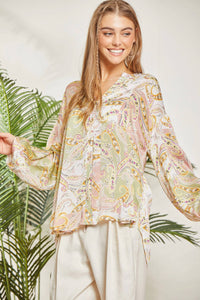 Print Button Up Blouse With Long Puffy Sleeves: Sage Blush-SALE