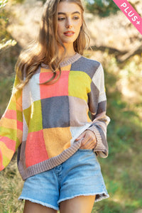 PLUS LIGHT WEIGHT CHECKERBOARD PULLOVER SWEATER: Beige Multi