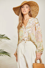 Load image into Gallery viewer, Print Button Up Blouse With Long Puffy Sleeves: Sage Blush-SALE
