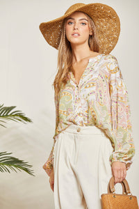 Print Button Up Blouse With Long Puffy Sleeves: Sage Blush-SALE