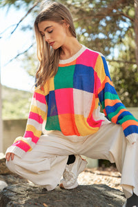 PLUS LIGHT WEIGHT CHECKERBOARD PULLOVER SWEATER: Beige Multi