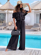Load image into Gallery viewer, Line-neck wide-leg romper with ruffles: Black
