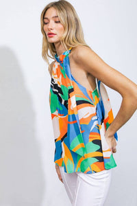A printed woven top -  ORANGE TURQUOISE / Contemporary