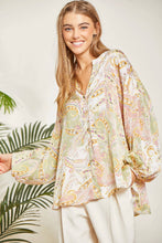 Load image into Gallery viewer, Print Button Up Blouse With Long Puffy Sleeves: Sage Blush-SALE
