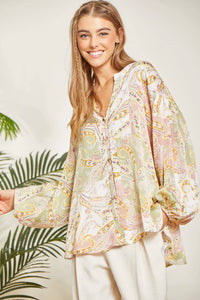 Print Button Up Blouse With Long Puffy Sleeves: Sage Blush-SALE