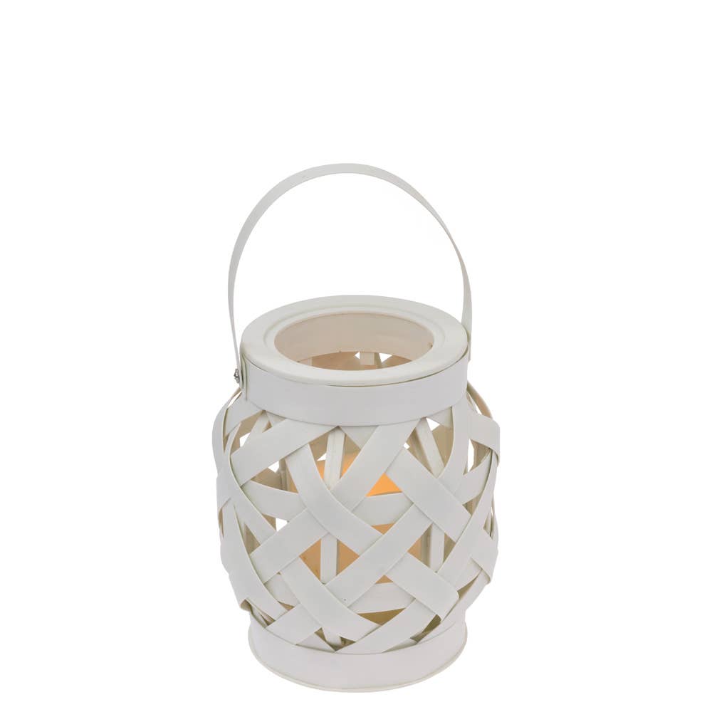 Small White Basketweave Lantern W Led Soy Candle