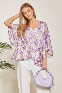 Paisley Print Satin Pleated Blouse: Lilac-SALE