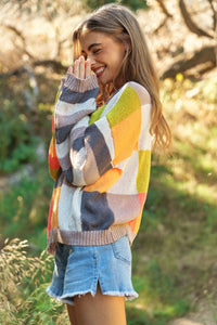 PLUS LIGHT WEIGHT CHECKERBOARD PULLOVER SWEATER: NEON MULTI