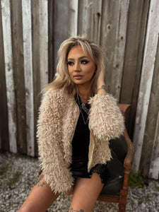 light weight faux fur sheep looking jacket in oatmeal