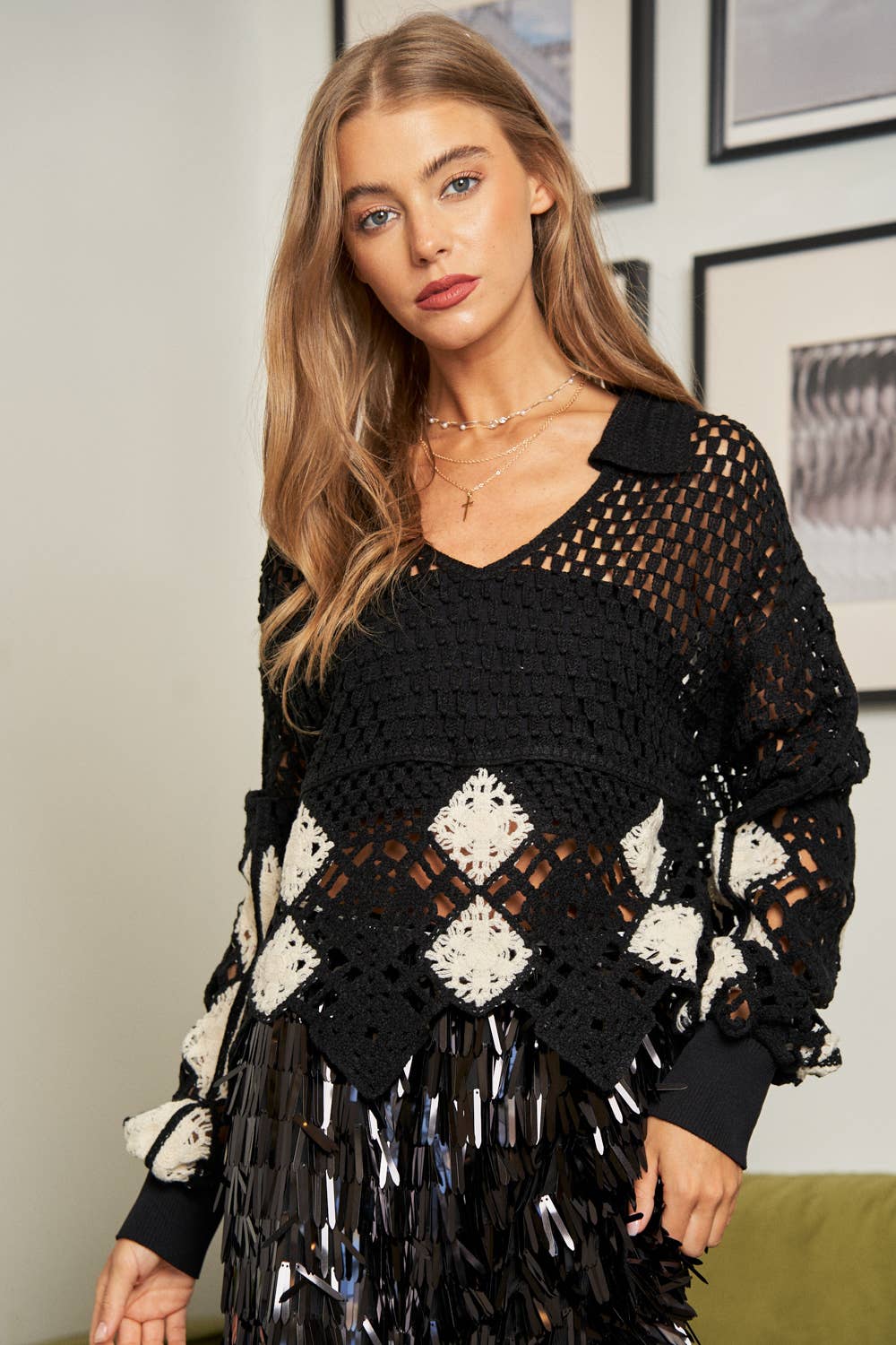 CROCHET V NECK LONG SLEEVE KNIT SWEATER TOP-Black-SALE