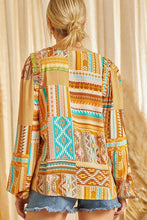 Load image into Gallery viewer, Aztec Inspired Blouse With V neckline with ruffle on the shoulder-SALE
