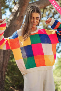 PLUS LIGHT WEIGHT CHECKERBOARD PULLOVER SWEATER: NEON MULTI