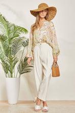 Load image into Gallery viewer, Print Button Up Blouse With Long Puffy Sleeves: Sage Blush-SALE
