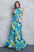 Load image into Gallery viewer, A printed woven halter maxi dress -  BLUE GREEN
