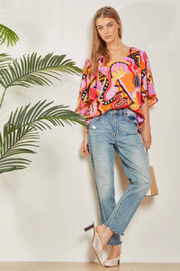 Print Flare Sleeve Blouse: Magenta Multi-SALE