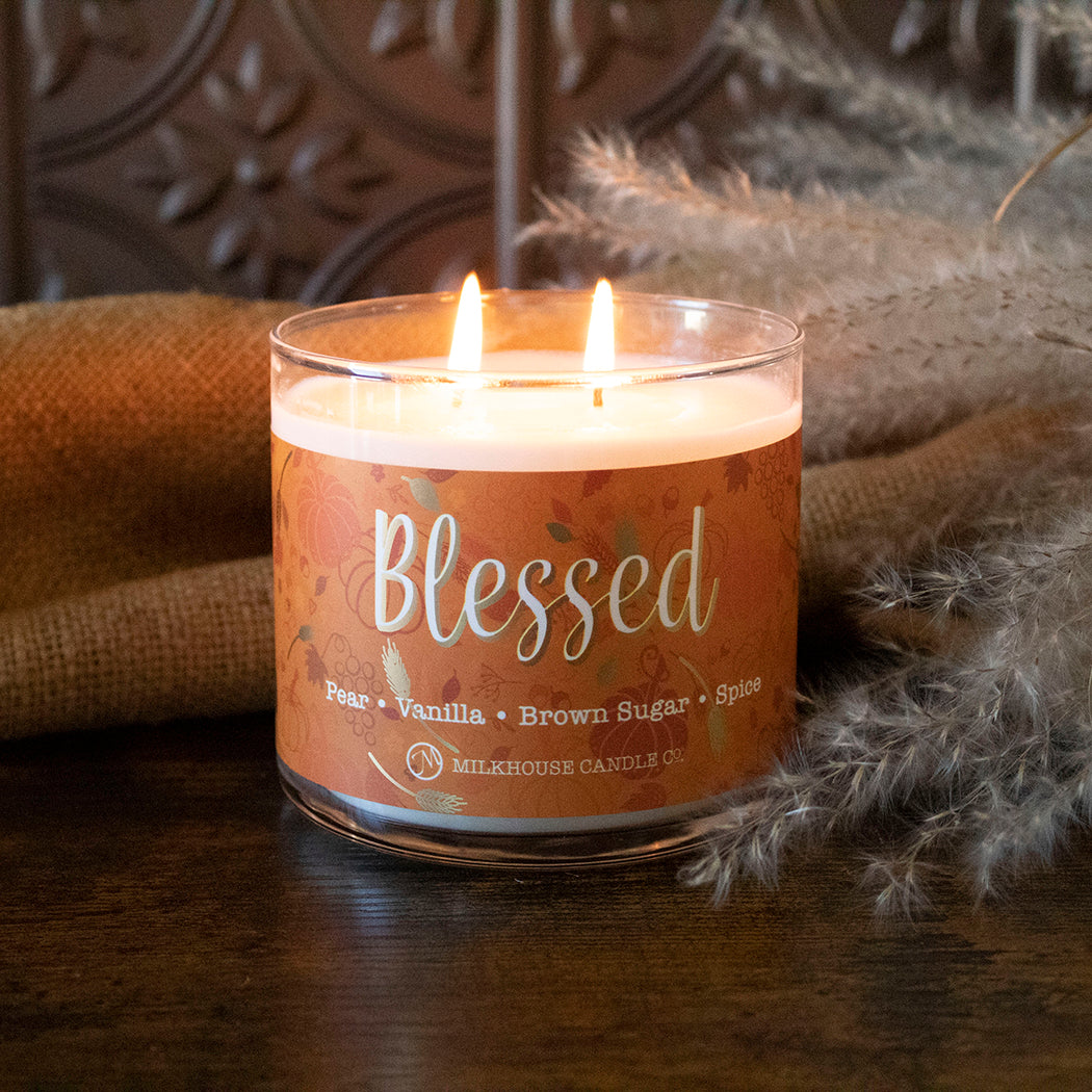 Blessed thanksgiving candle scent in 12 oz charmed jar