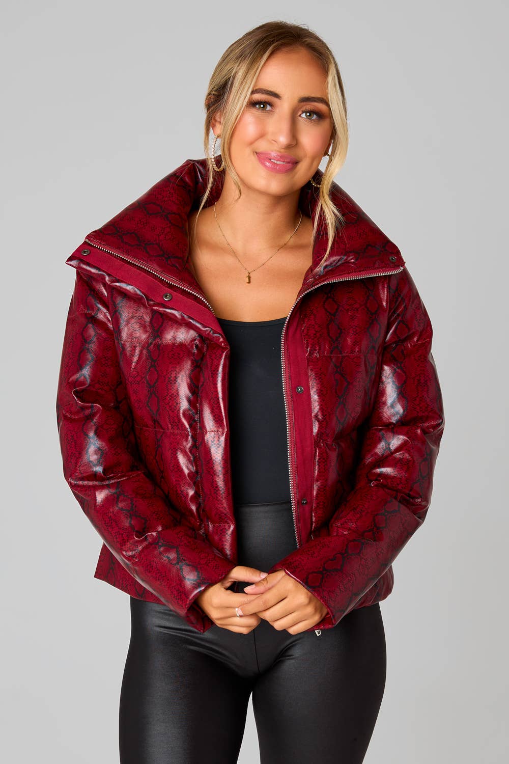 Addison Red Snake Puffer Jacket: in red black