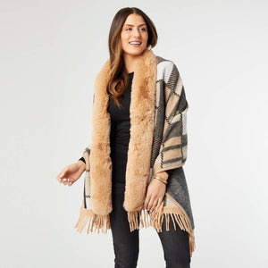 Gigi Plaid Faux Fur Cardi Wrap with Fringe