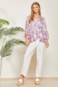 Paisley Print Satin Pleated Blouse: Lilac-SALE