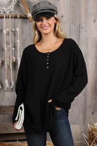 BUTTON PLACKET DETAILED LONG SLEEVE WAFFLE TOP- in black-SALE