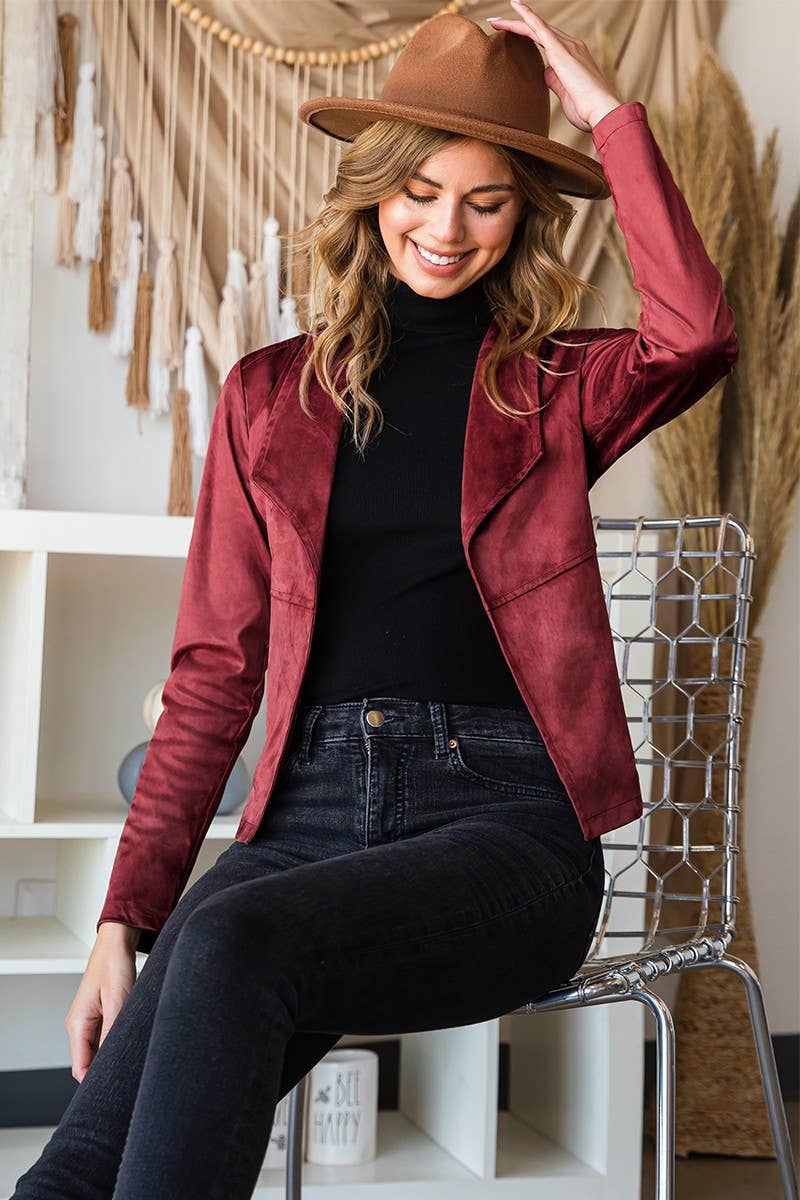WATERFALL FAUX SUEDE OVER HIP LENGTH JACKET-Wine-SALE