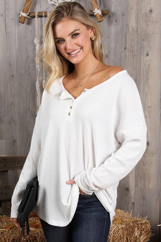 BUTTON PLACKET DETAILED LONG SLEEVE WAFFLE TOP-SALE