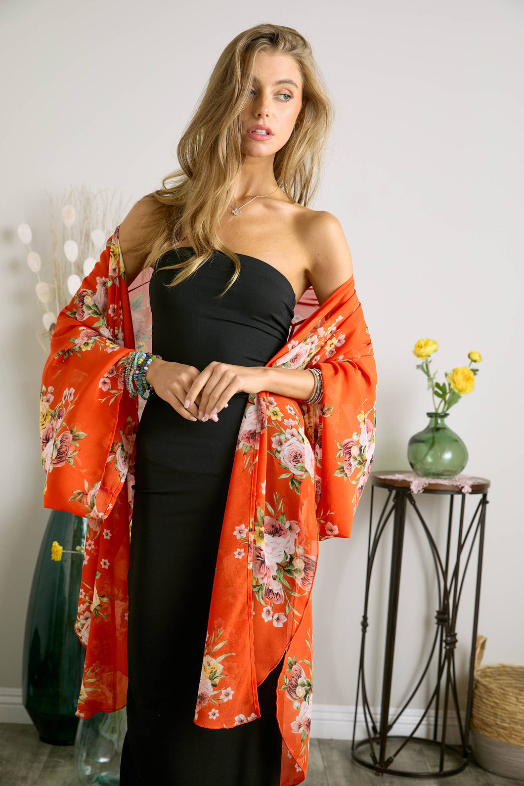 FLORAL KIMONO CARDIGAN-Coral-SALE